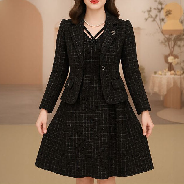 Victoire™ Set with Structured Blazer & Dress with Ornamental Neckline / Presence, Style & Timeless Sophistication!