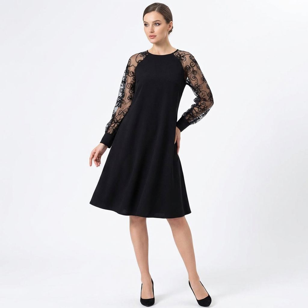 Madeline™ Dress in Italian Crepe Fabric with Embroidered Lace