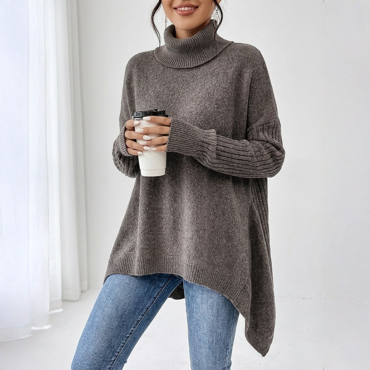 Montclair™ Elegant Knit Sweater with High Neck and Asymmetrical Hem
