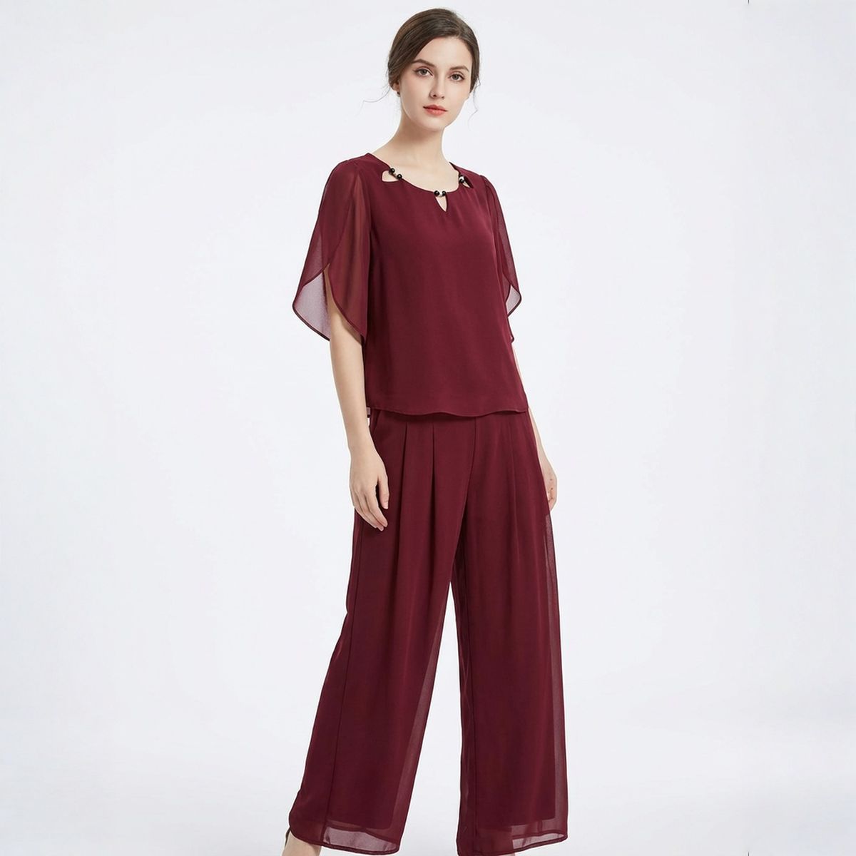 Elara™ Poplin Set with Refined Neckline Blouse and Elegant Long Pants