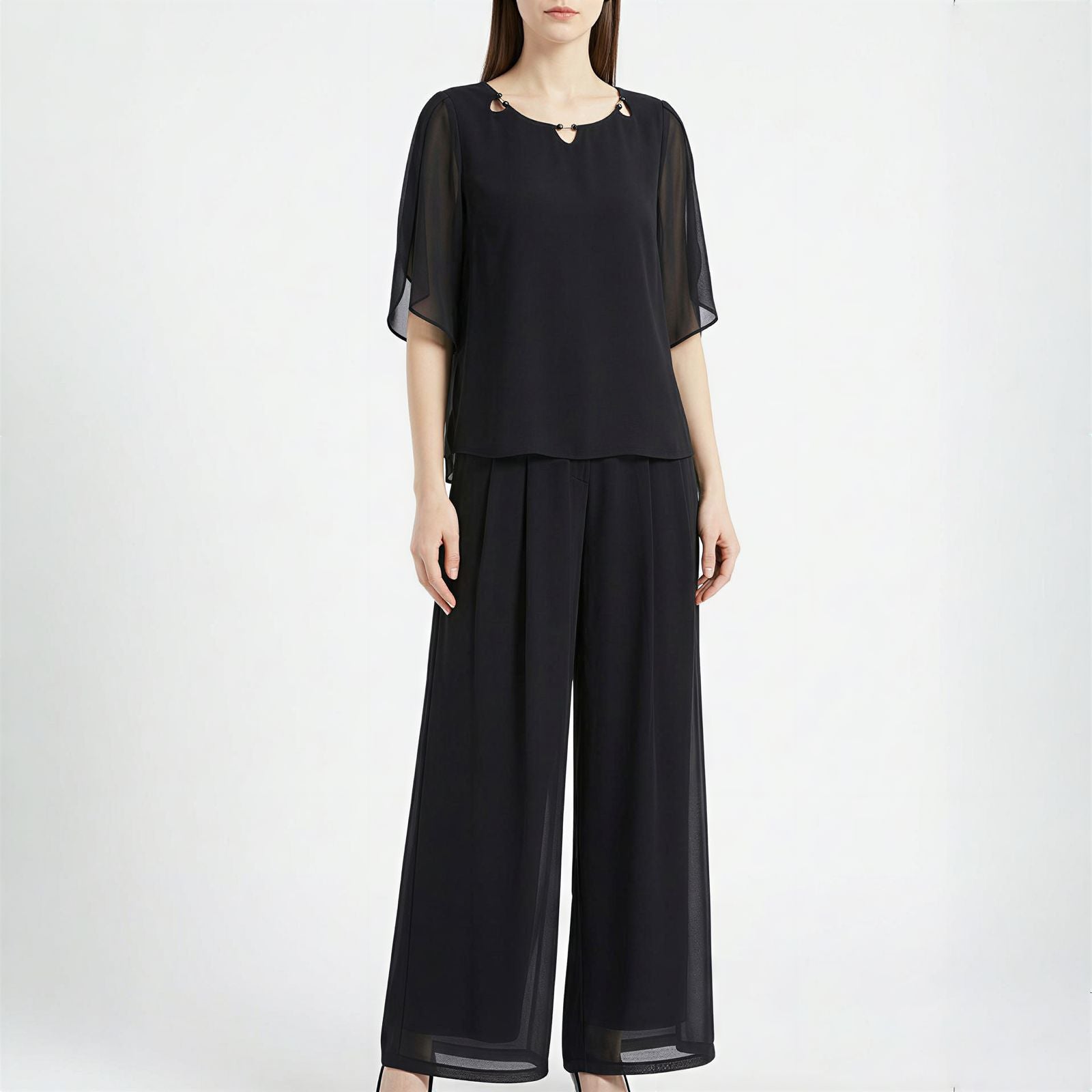 Elara™ Poplin Set with Refined Neckline Blouse and Elegant Long Pants
