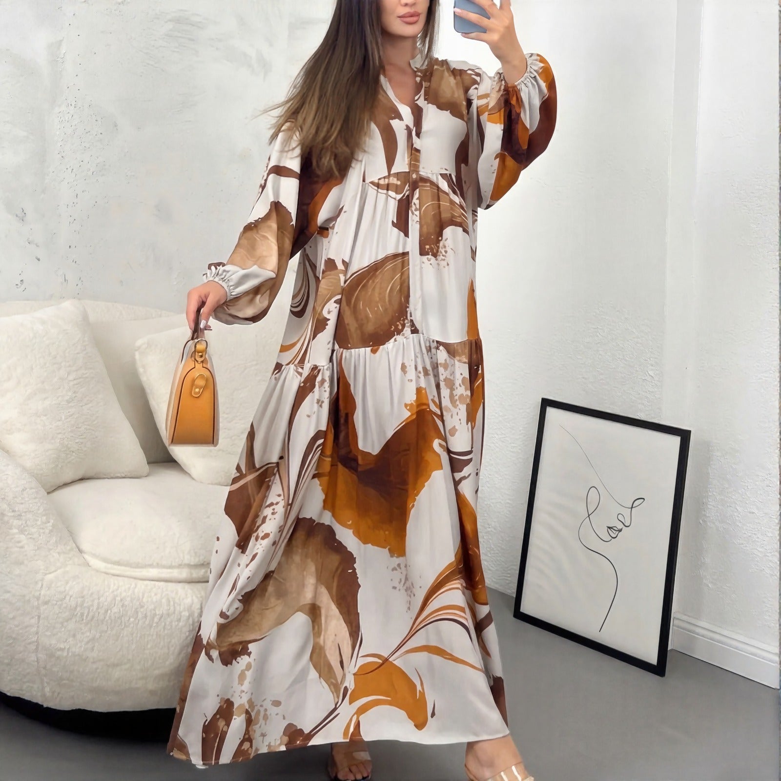 Marrakech™ Long Dress with Artistic Prints and Puff Sleeves