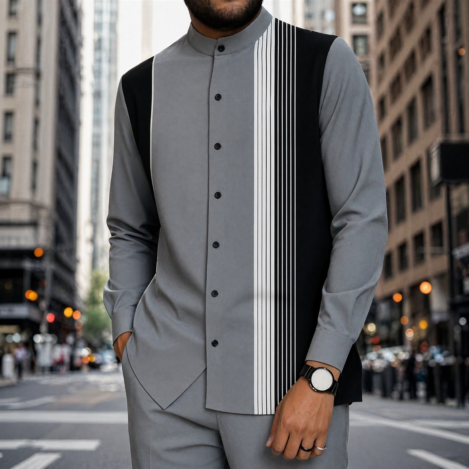 Mumbai™ Set with Mandarin Collar and Modern Striped Detail