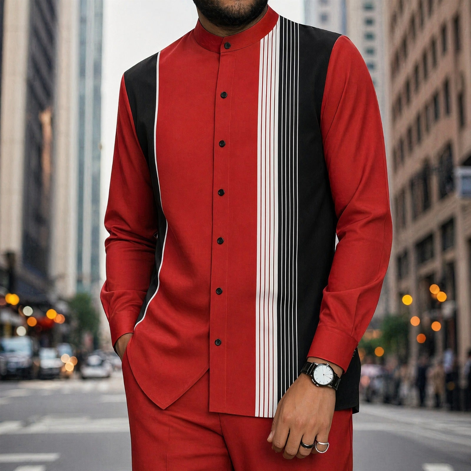 Mumbai™ Set with Mandarin Collar and Modern Striped Detail