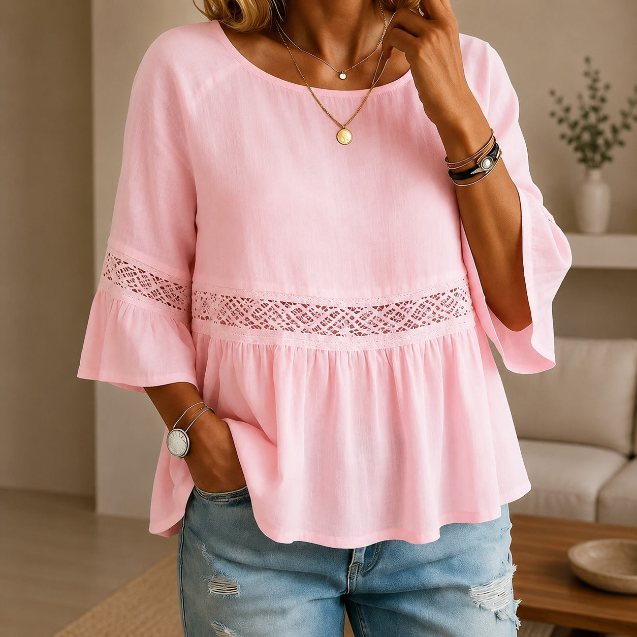 Aitana™ Blouse with Delicate Lace Details and Flared Sleeves