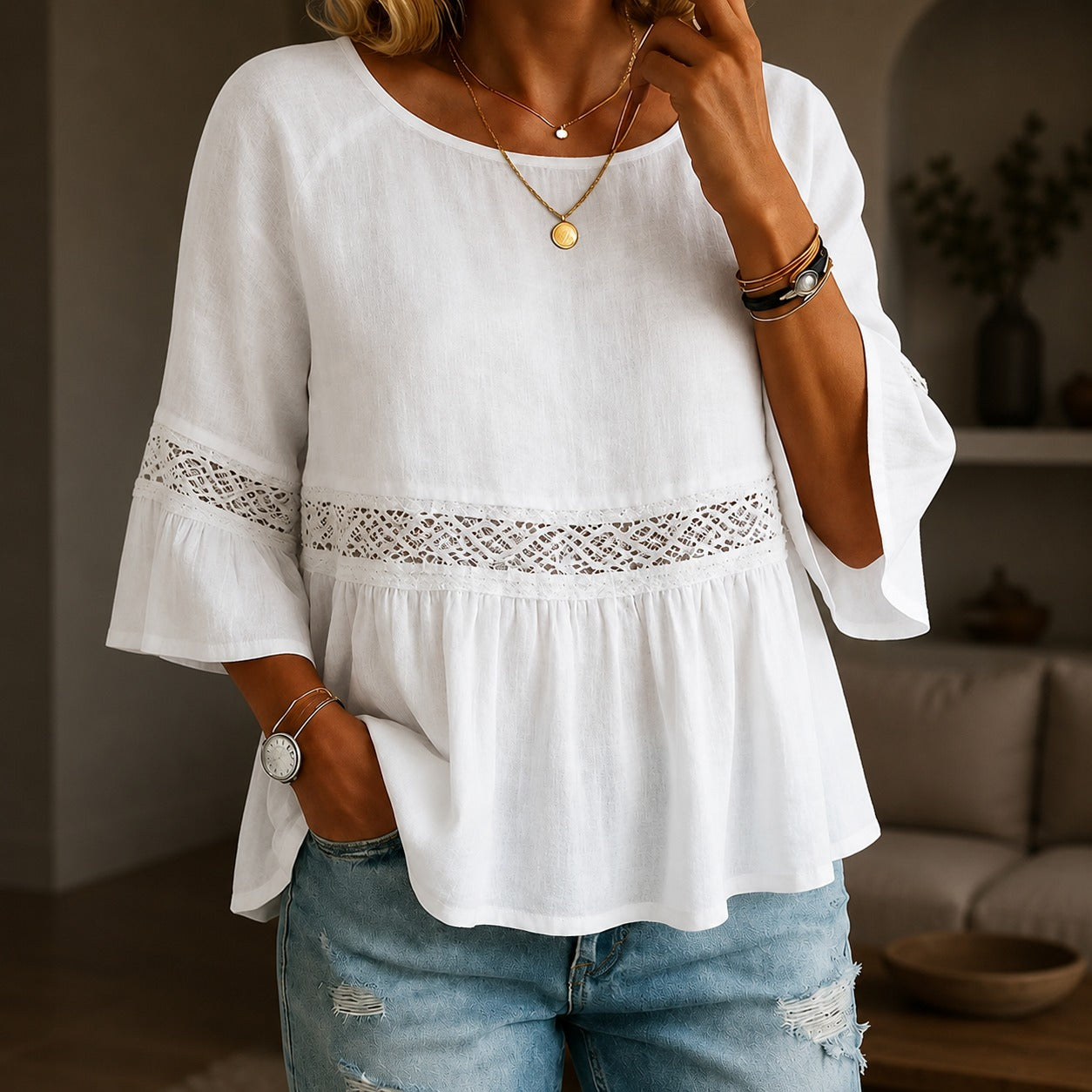 Aitana™ Blouse with Delicate Lace Details and Flared Sleeves