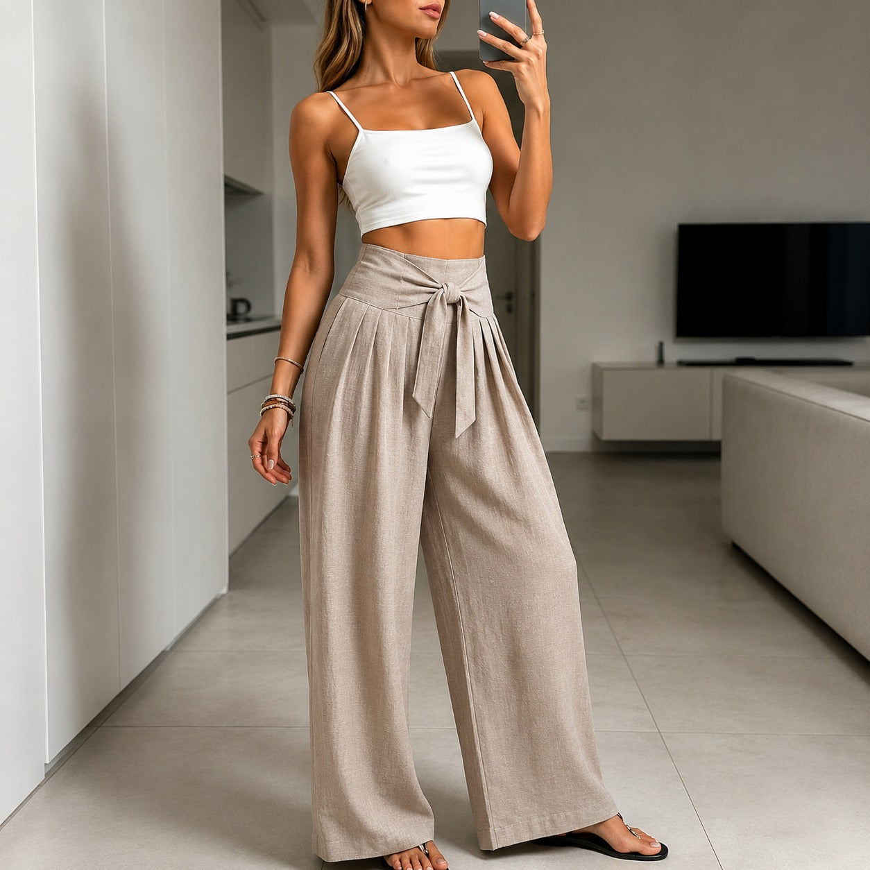 Arielle™ Wide-Leg Pants with Elegant Adjustable Waist Tie and Structured Waistband