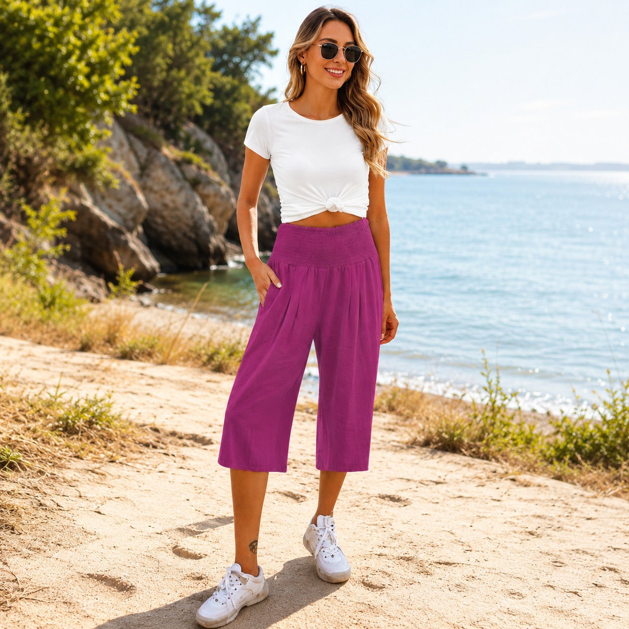 Rosetta™ Capri Pants in Cotton Linen with an Elegant Smocked Waist