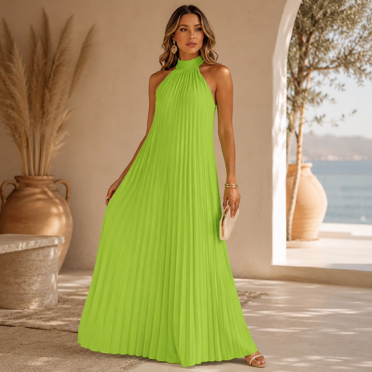 Sicilia™ Maxi Dress with Elegant Pleats and a Sleeveless High Neck