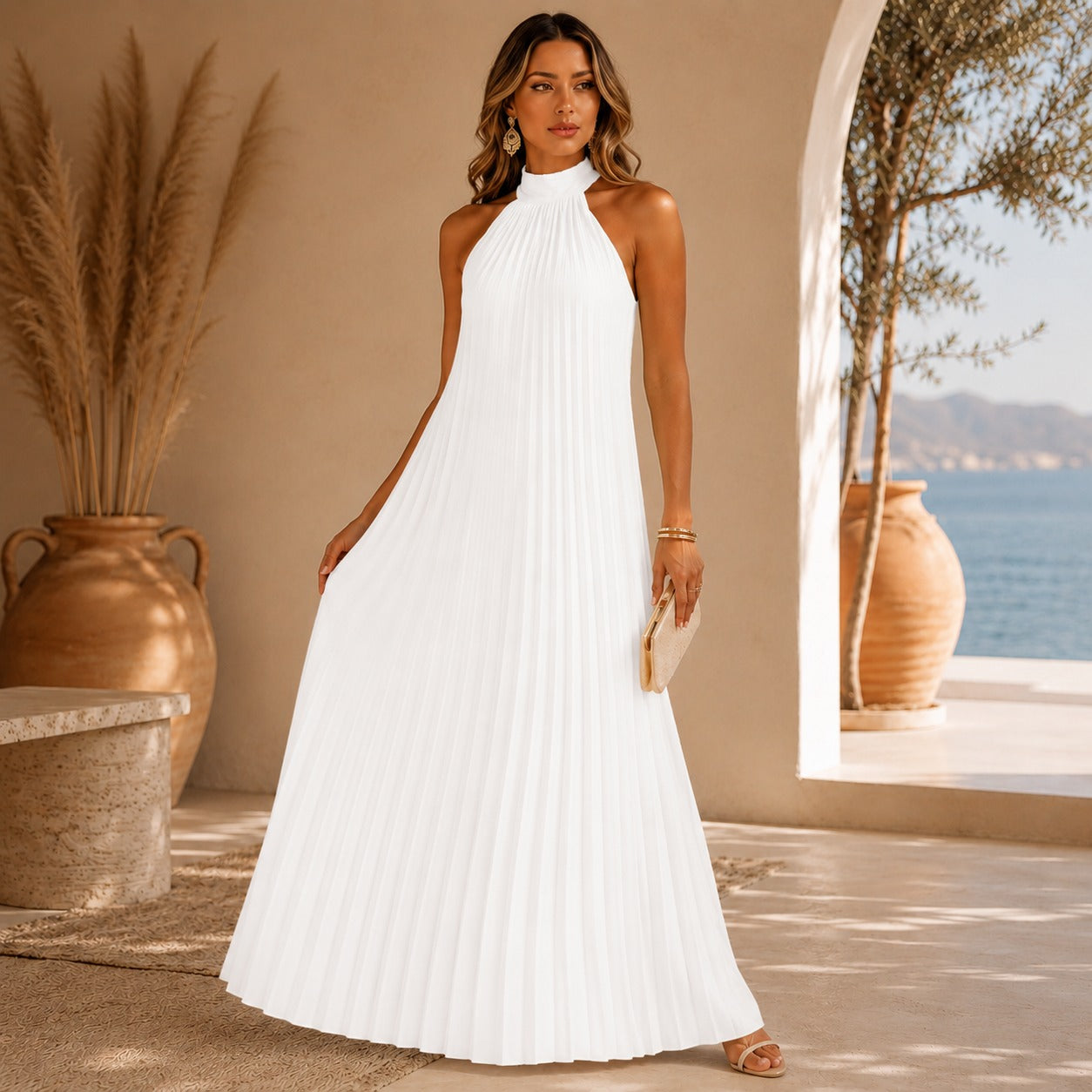 Sicilia™ Maxi Dress with Elegant Pleats and a Sleeveless High Neck