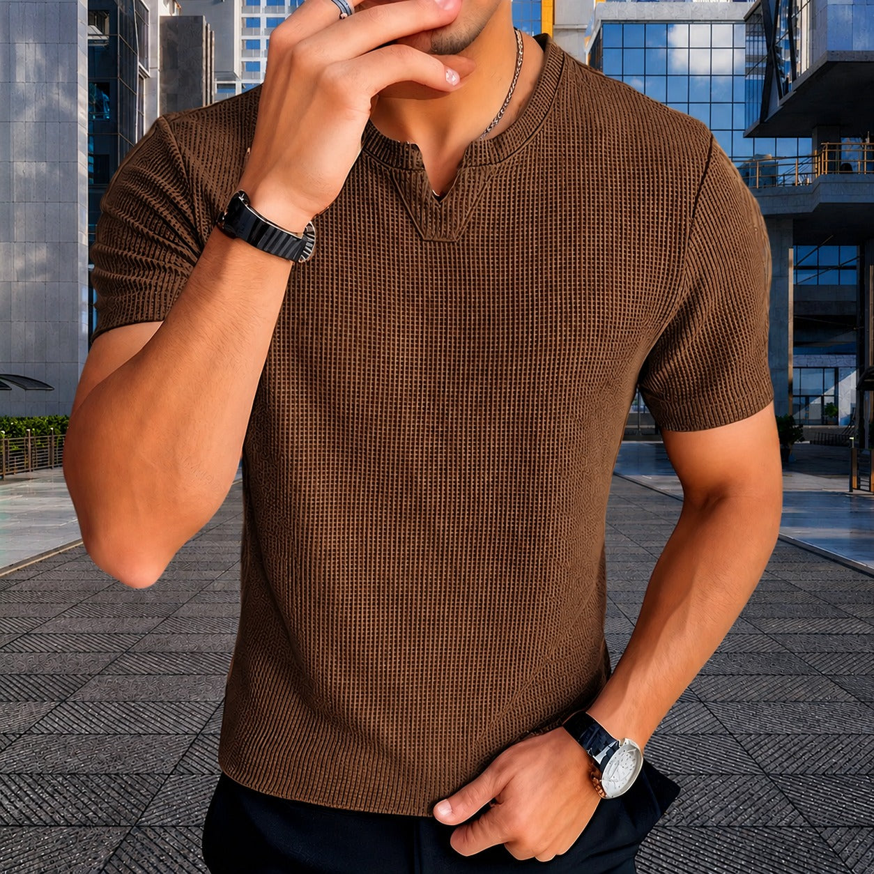 Matthew™ Textured Knit T-Shirt with Notched V-Neck