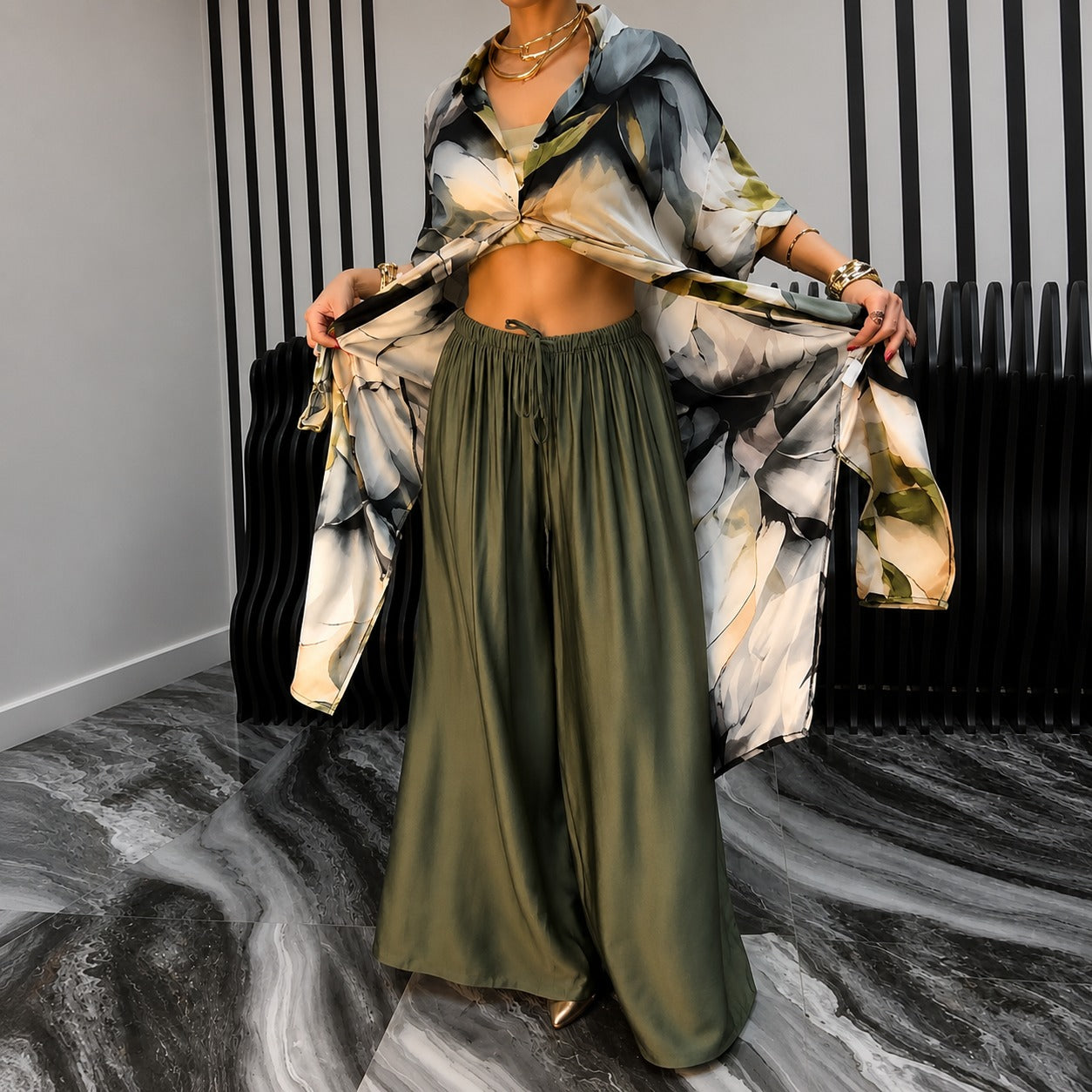 Odette™ Printed Long Cardigan Set with Wide-Leg Pants