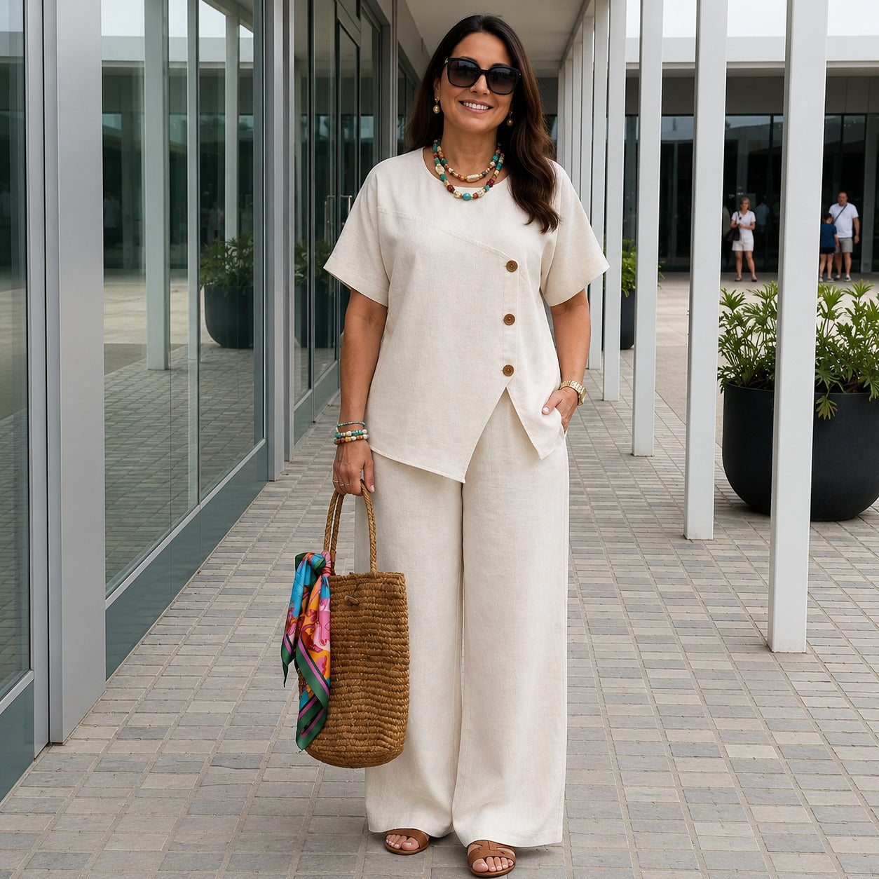 Savena™ Set with an Asymmetrical Top, Front Buttons & High-Waisted Palazzo Pants