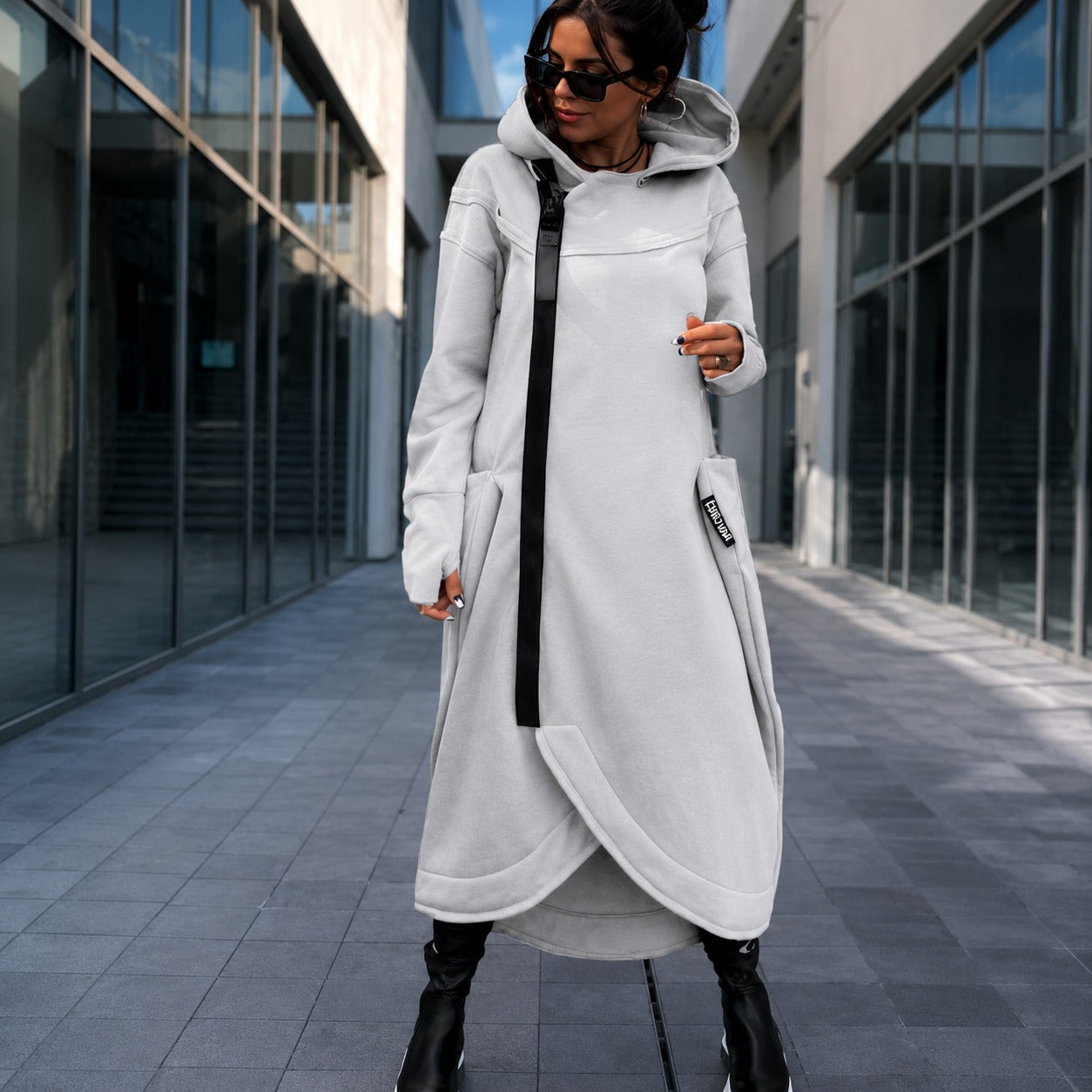 Sweatshirt Dress Maelis™ with Asymmetrical Zipper, Hood and Thumbhole Cuffs
