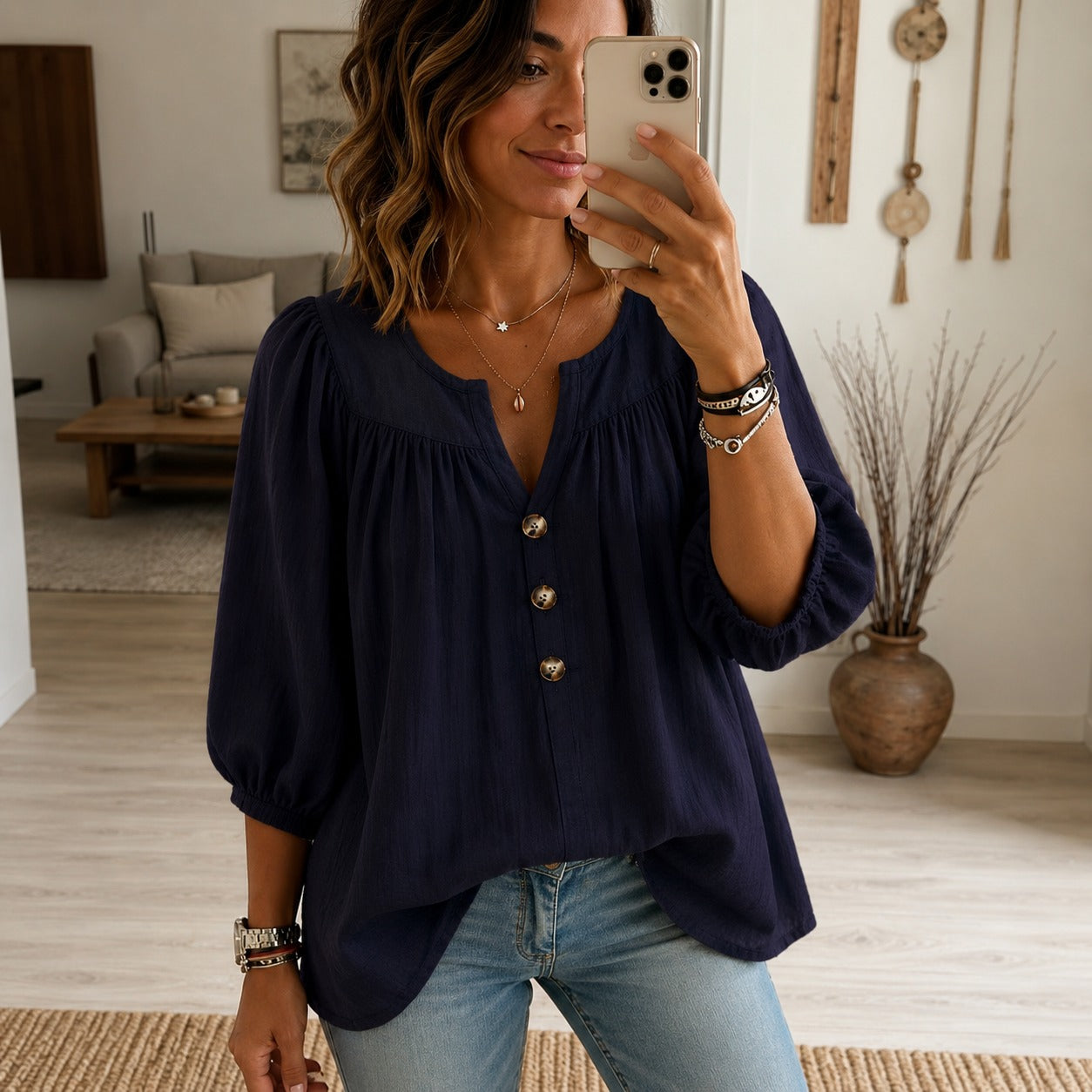 Blouse Noemi™ with Button-Front, Puff Sleeves and Split Neckline