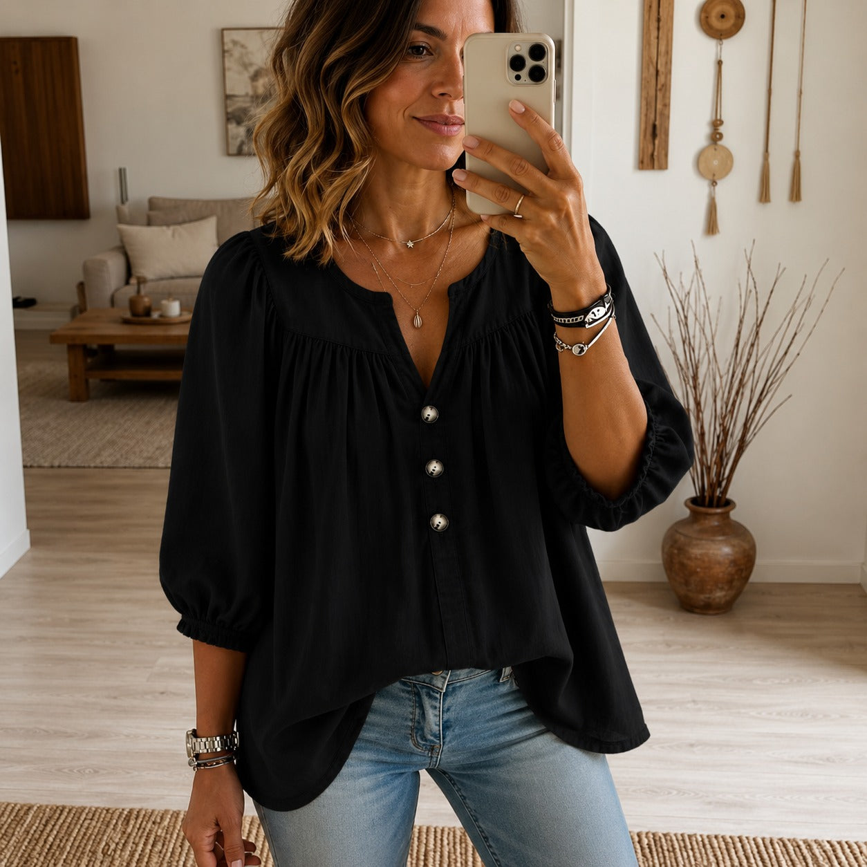 Blouse Noemi™ with Button-Front, Puff Sleeves and Split Neckline