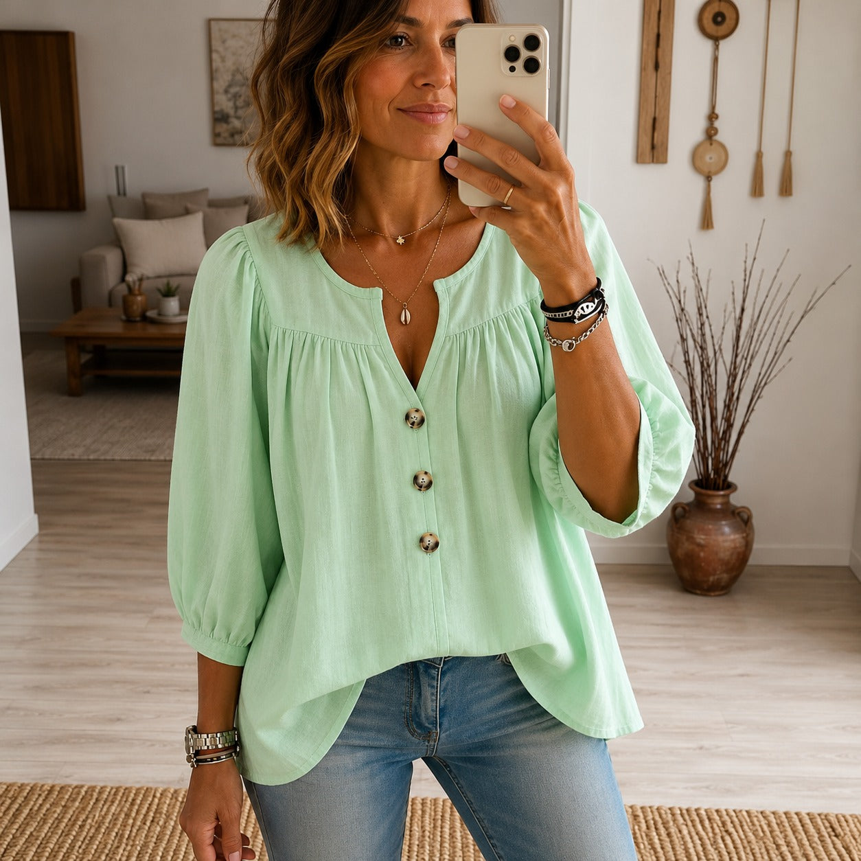 Blouse Noemi™ with Button-Front, Puff Sleeves and Split Neckline