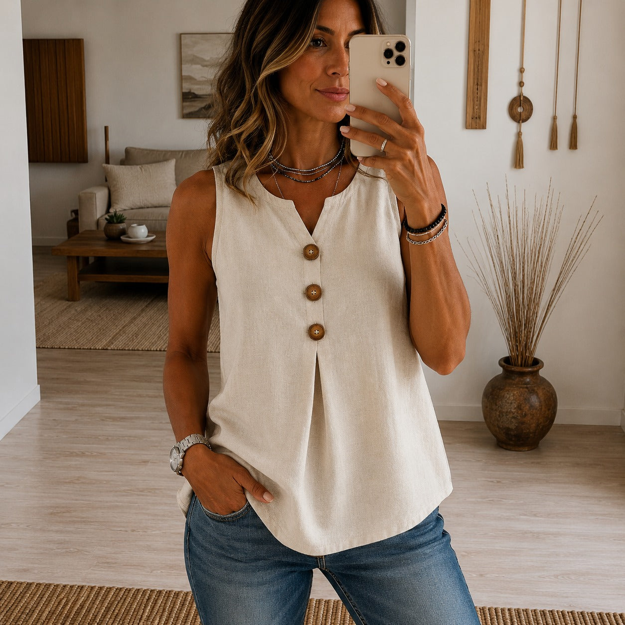 Blouse Ellie™ with Sleeveless Cut, V-Neck and Decorative Button-Front