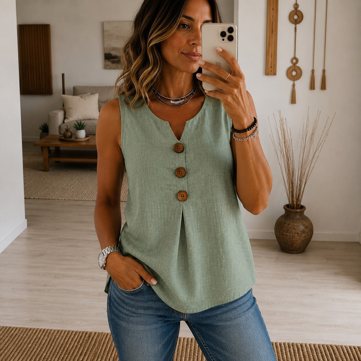 Blouse Ellie™ with Sleeveless Cut, V-Neck and Decorative Button-Front