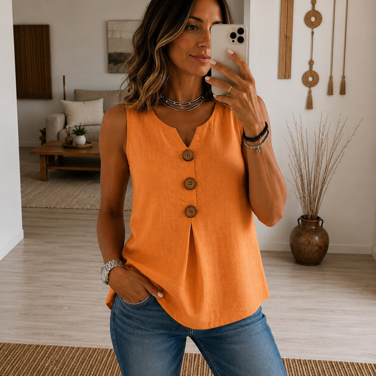 Blouse Ellie™ with Sleeveless Cut, V-Neck and Decorative Button-Front