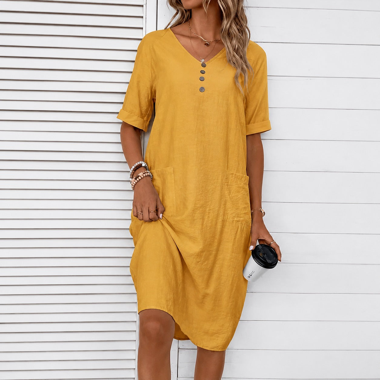 Midi Dress Mirelle™ with V-Neck, Front Pockets and Relaxed Fit