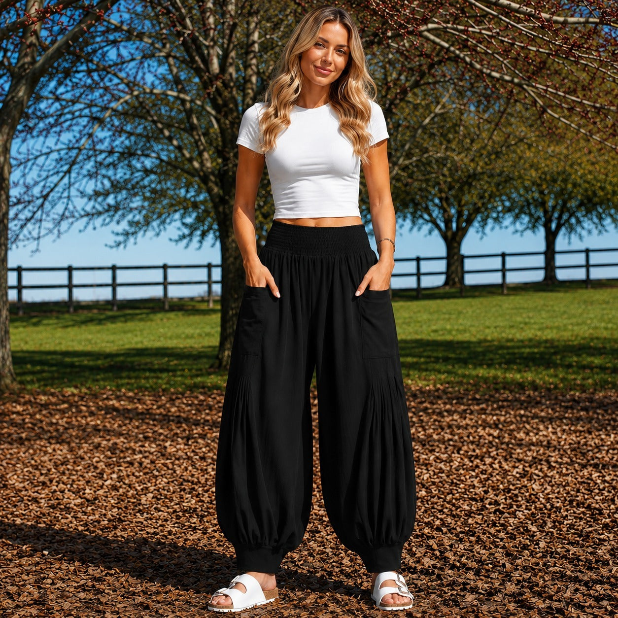 Pants Isolde™ with Elastic Waistband and Oversized Front Pockets