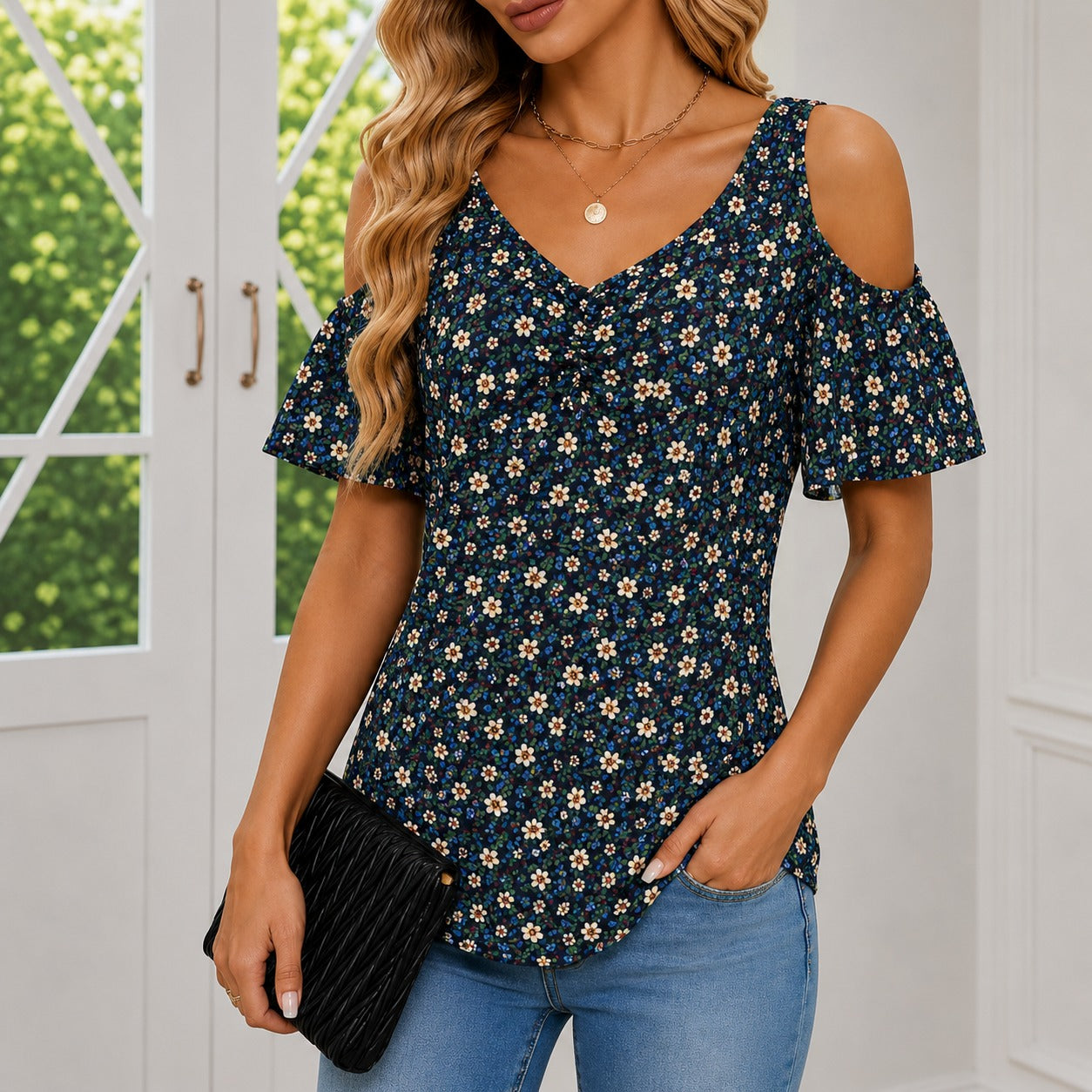 Blouse Arlette™ with Cold-Shoulder Sleeves, V-Neck and Gathered Front