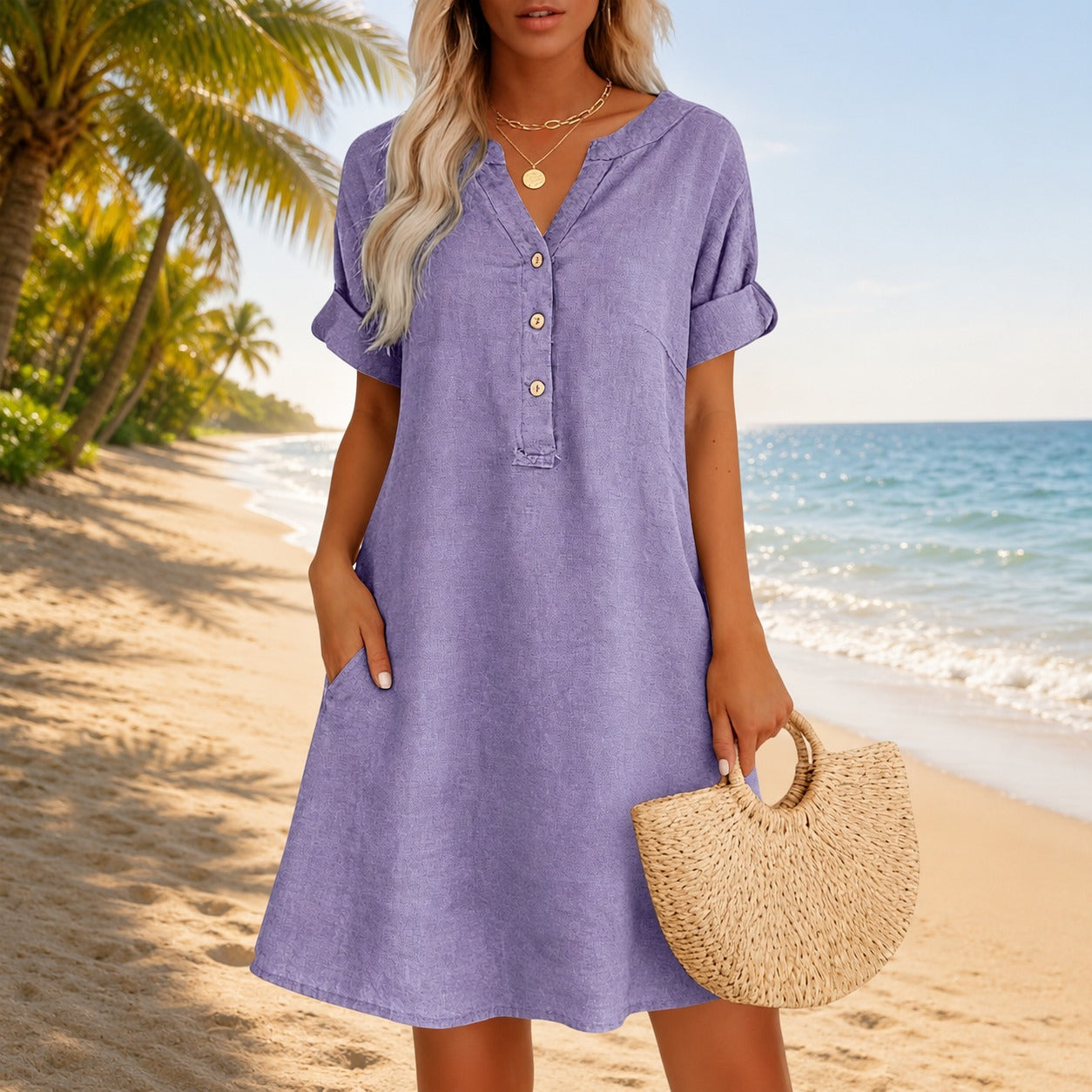 Dress Hadley™ with V-Neck, Button-Front and Side Pockets