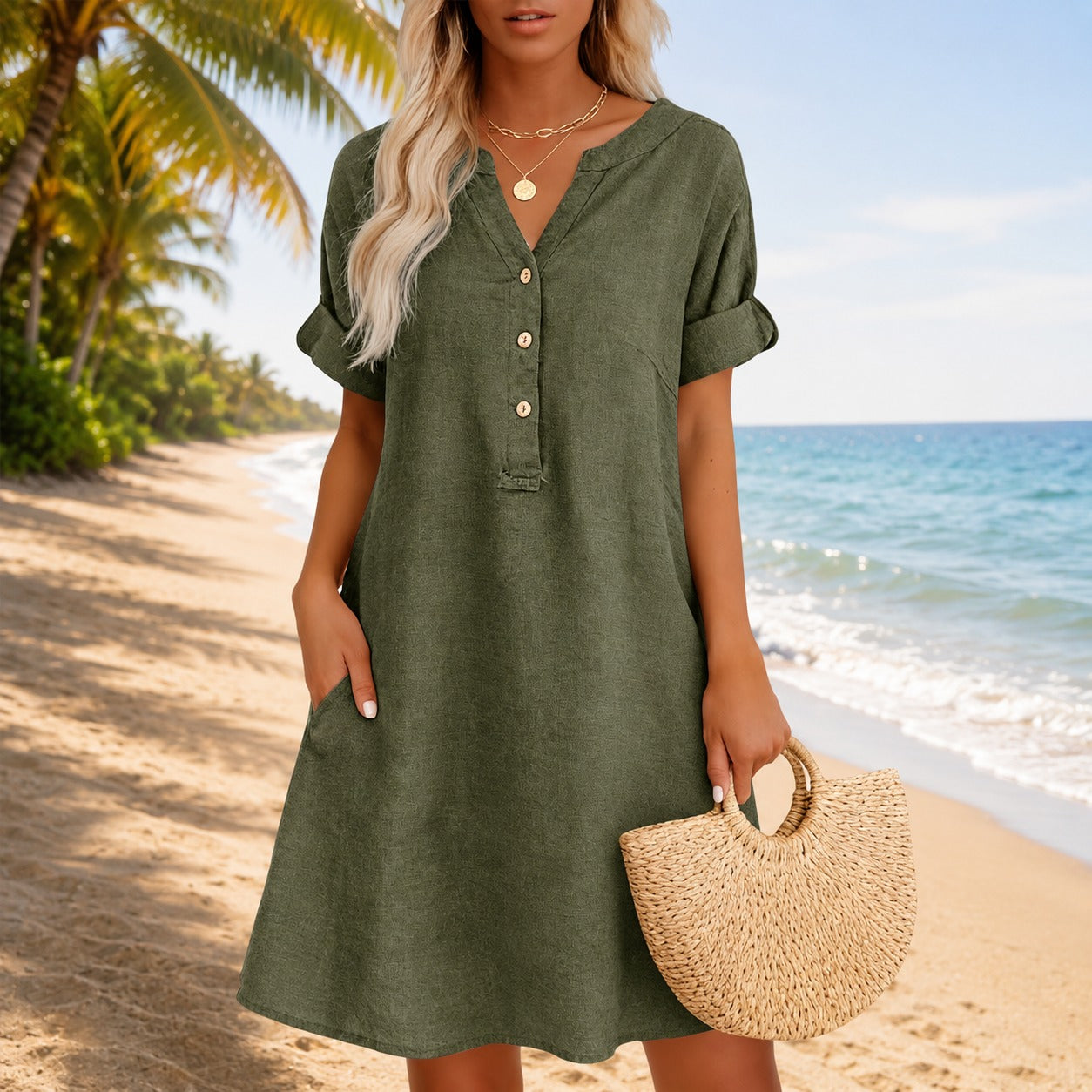 Dress Hadley™ with V-Neck, Button-Front and Side Pockets