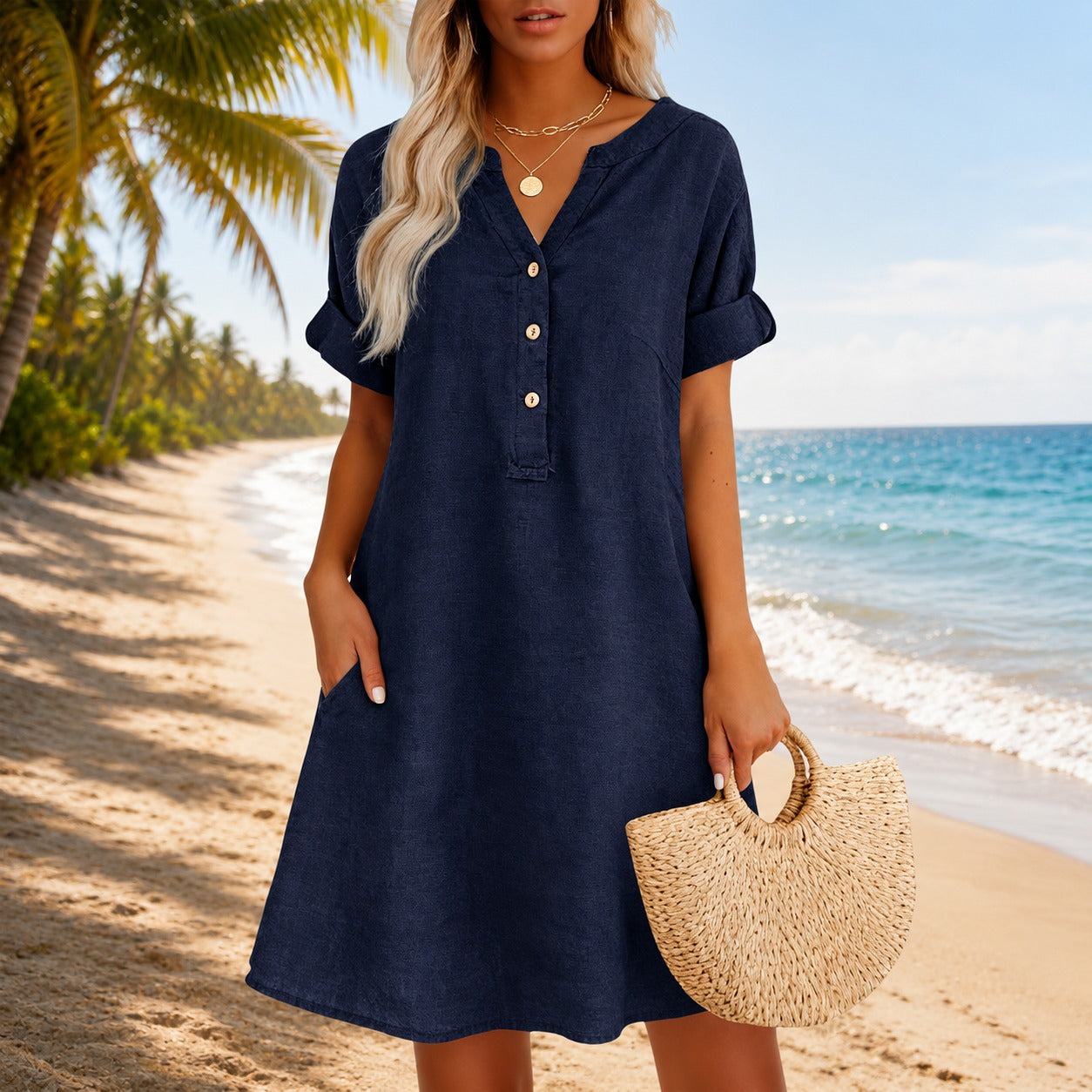 Dress Hadley™ with V-Neck, Button-Front and Side Pockets