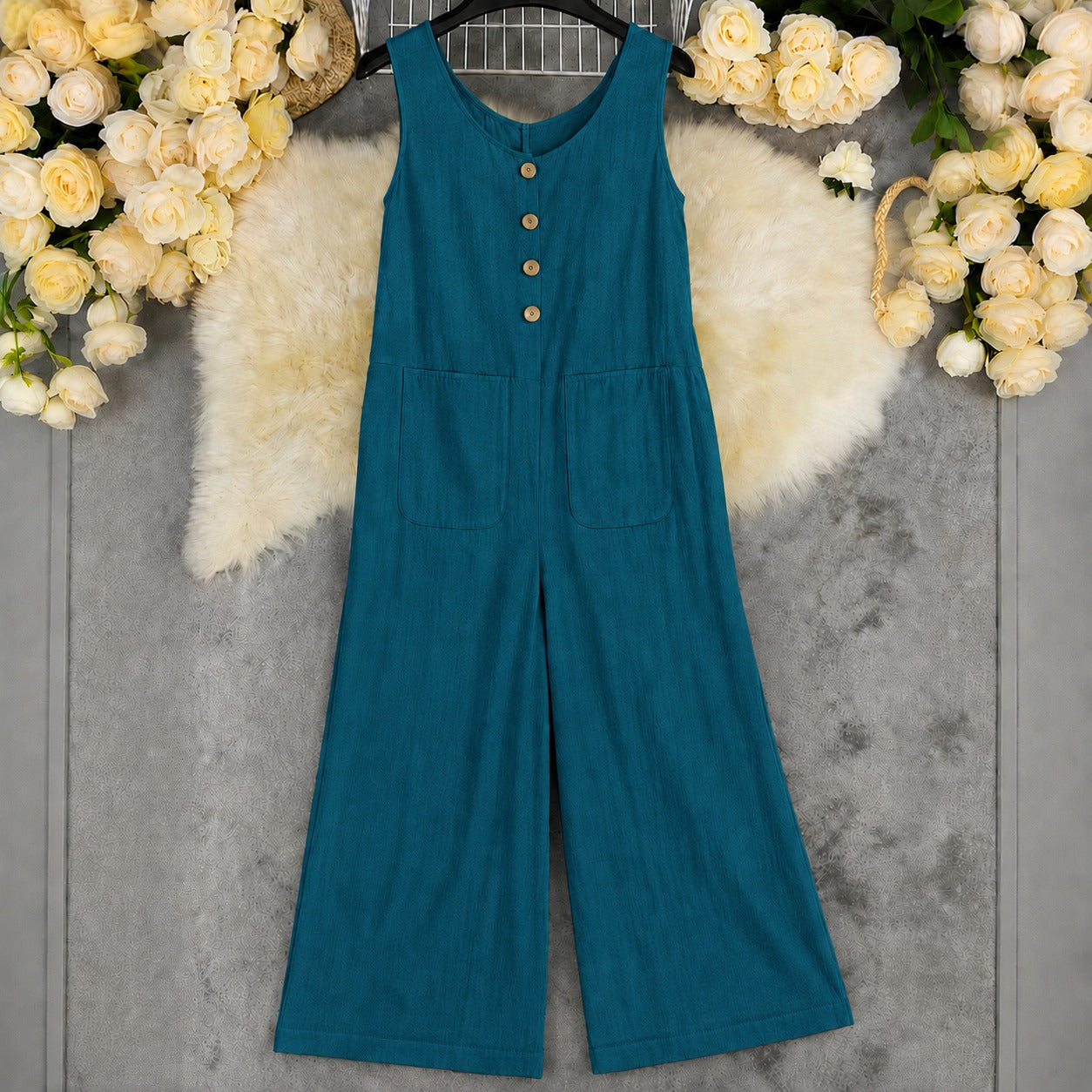 Wide-Leg Ellery™ Jumpsuit with Front Pockets and Round Neck
