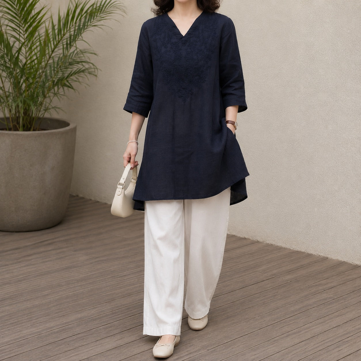 Tunic Dress Caelia™ with Embroidered V-Neck, Relaxed Fit and Three-Quarter Sleeves
