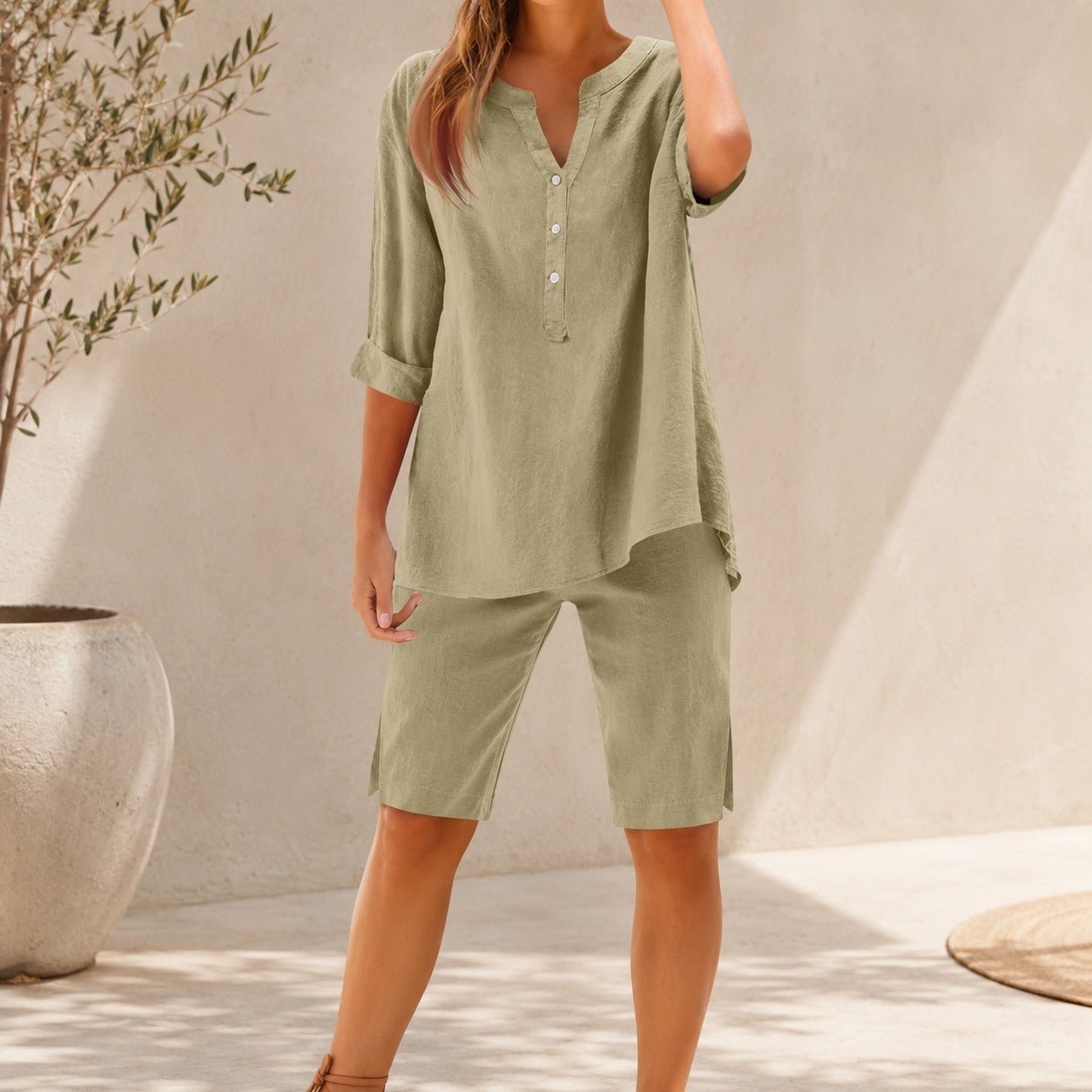 Set Delaney™ with V-Neck Button-Front Top and Side-Slit Shorts