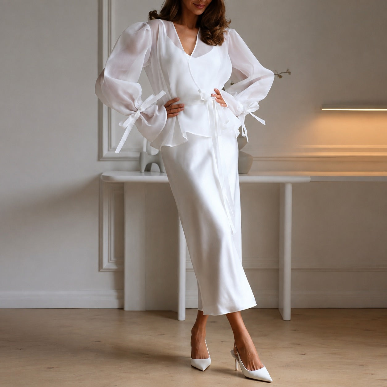 Set Fiorenza™ in Satin with Wrap Blouse, Puff Sleeves and Soft-Touch Skirt