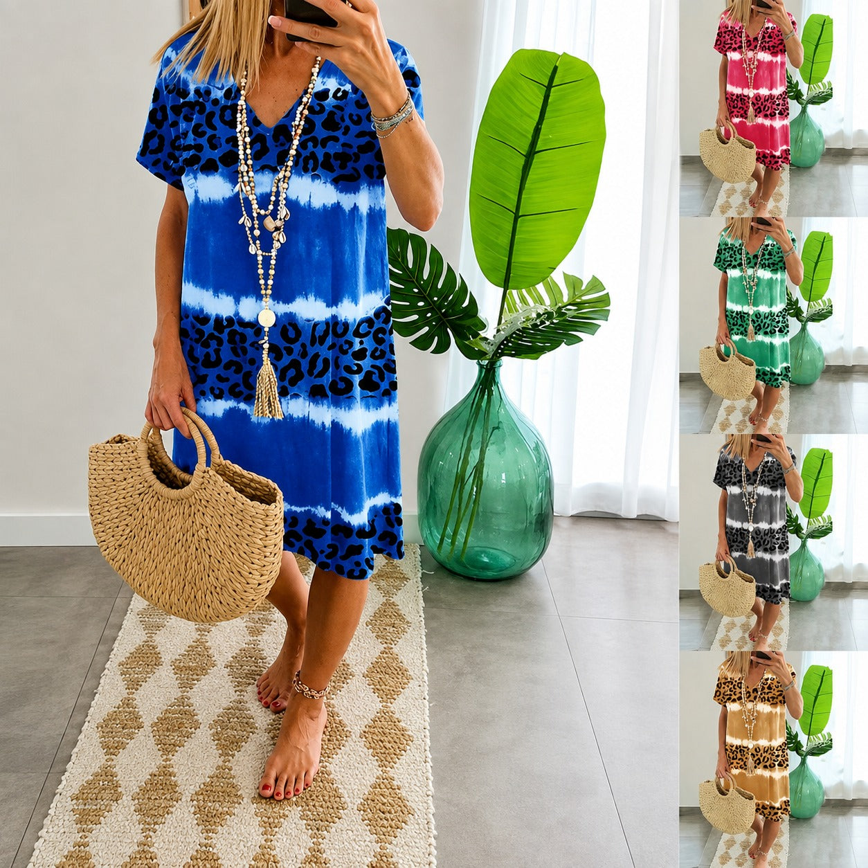 Selvanna™ Dress with Animal Print, V-Neck and Short Sleeves.