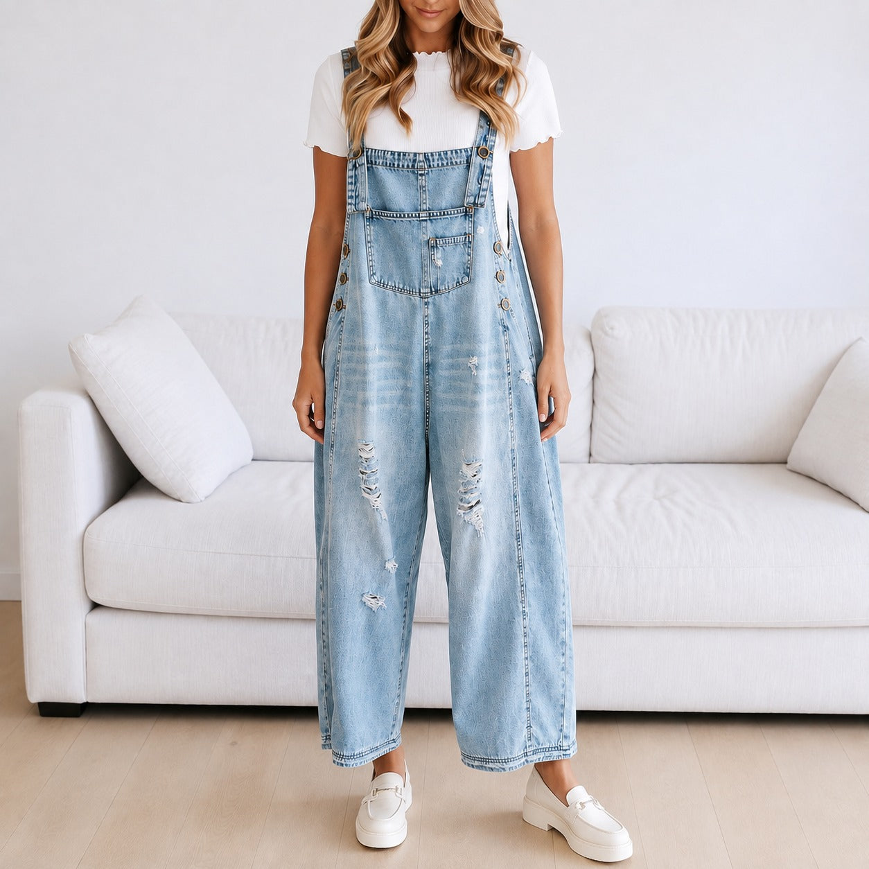 Overalls Sarah™ with Wide-Leg Fit and Distressed Denim