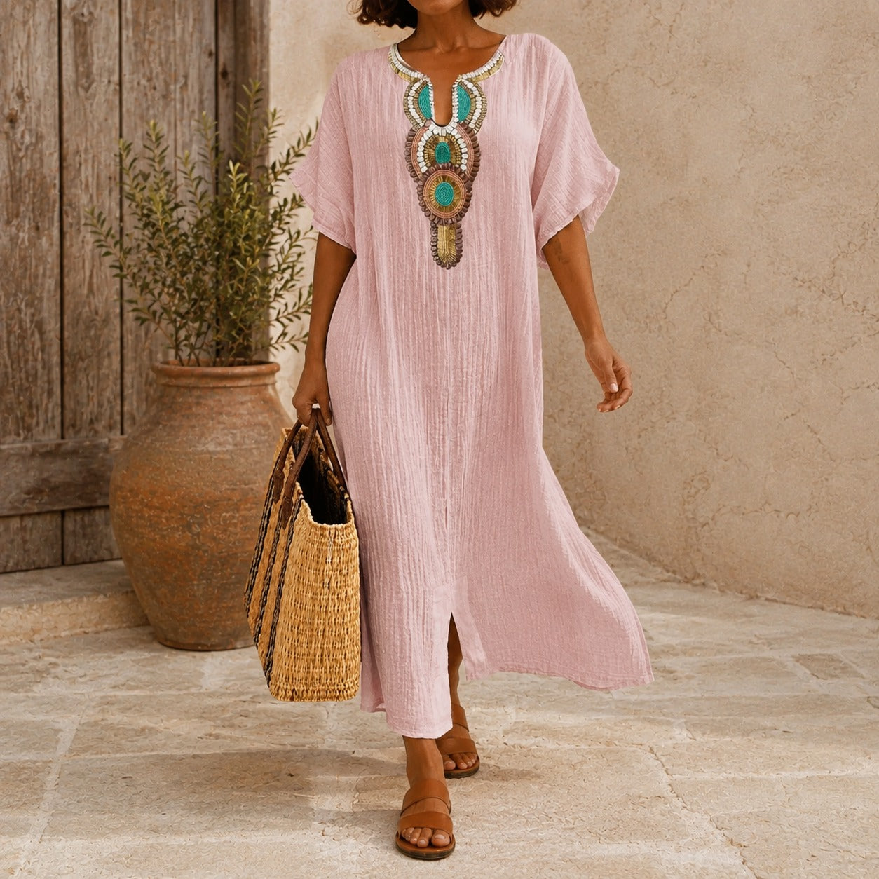 Amarena™ Dress with Vintage Mediterranean Design, Structured Neckline and Hem Slit