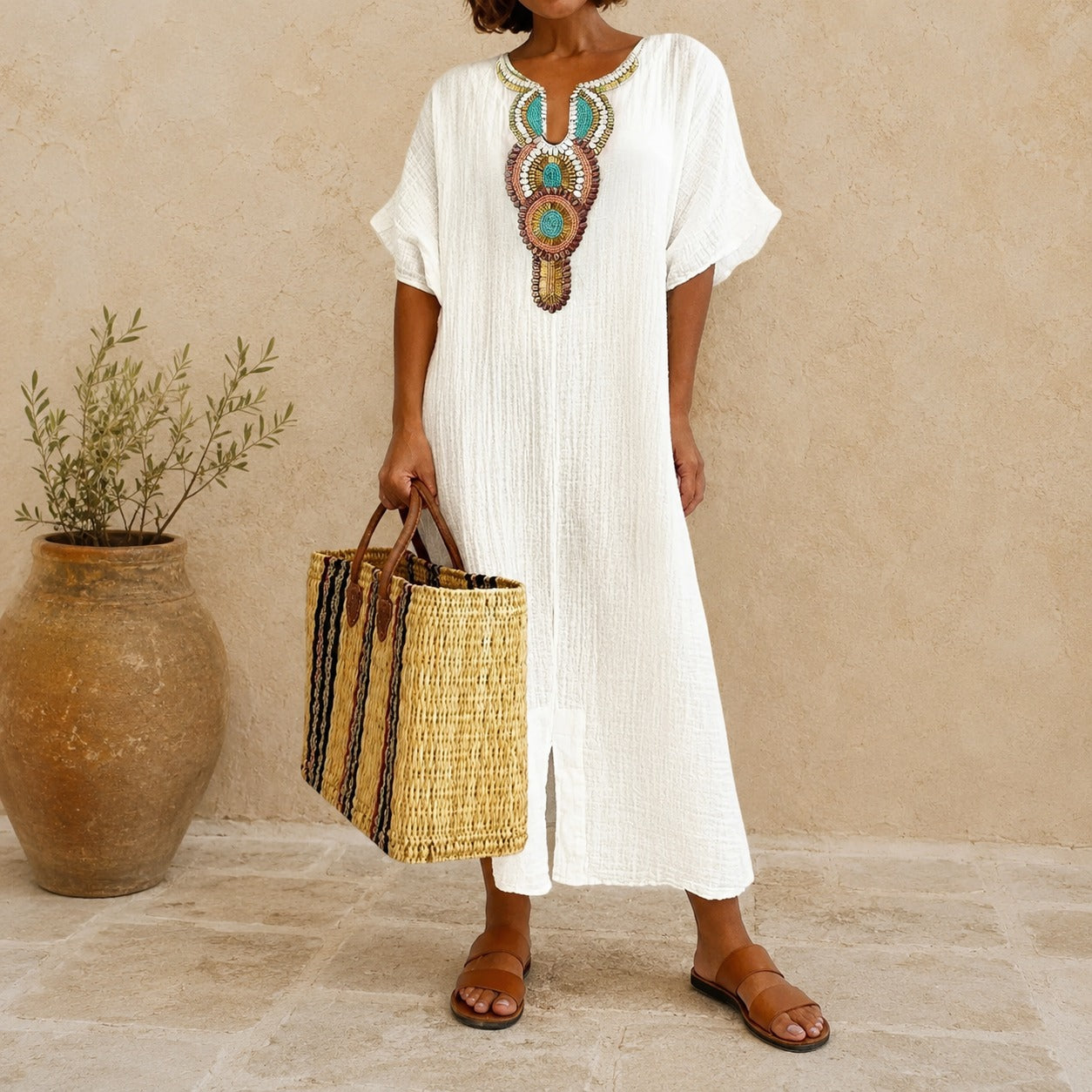 Amarena™ Dress with Vintage Mediterranean Design, Structured Neckline and Hem Slit