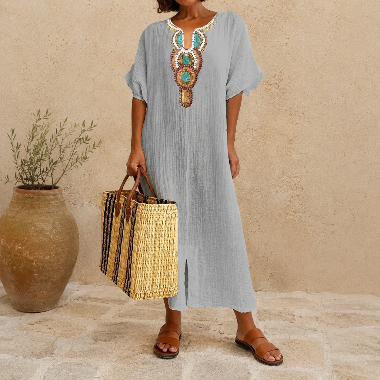 Amarena™ Dress with Vintage Mediterranean Design, Structured Neckline and Hem Slit