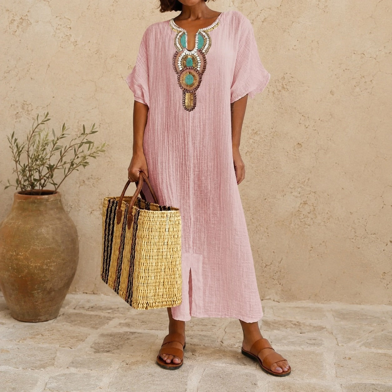 Amarena™ Dress with Vintage Mediterranean Design, Structured Neckline and Hem Slit