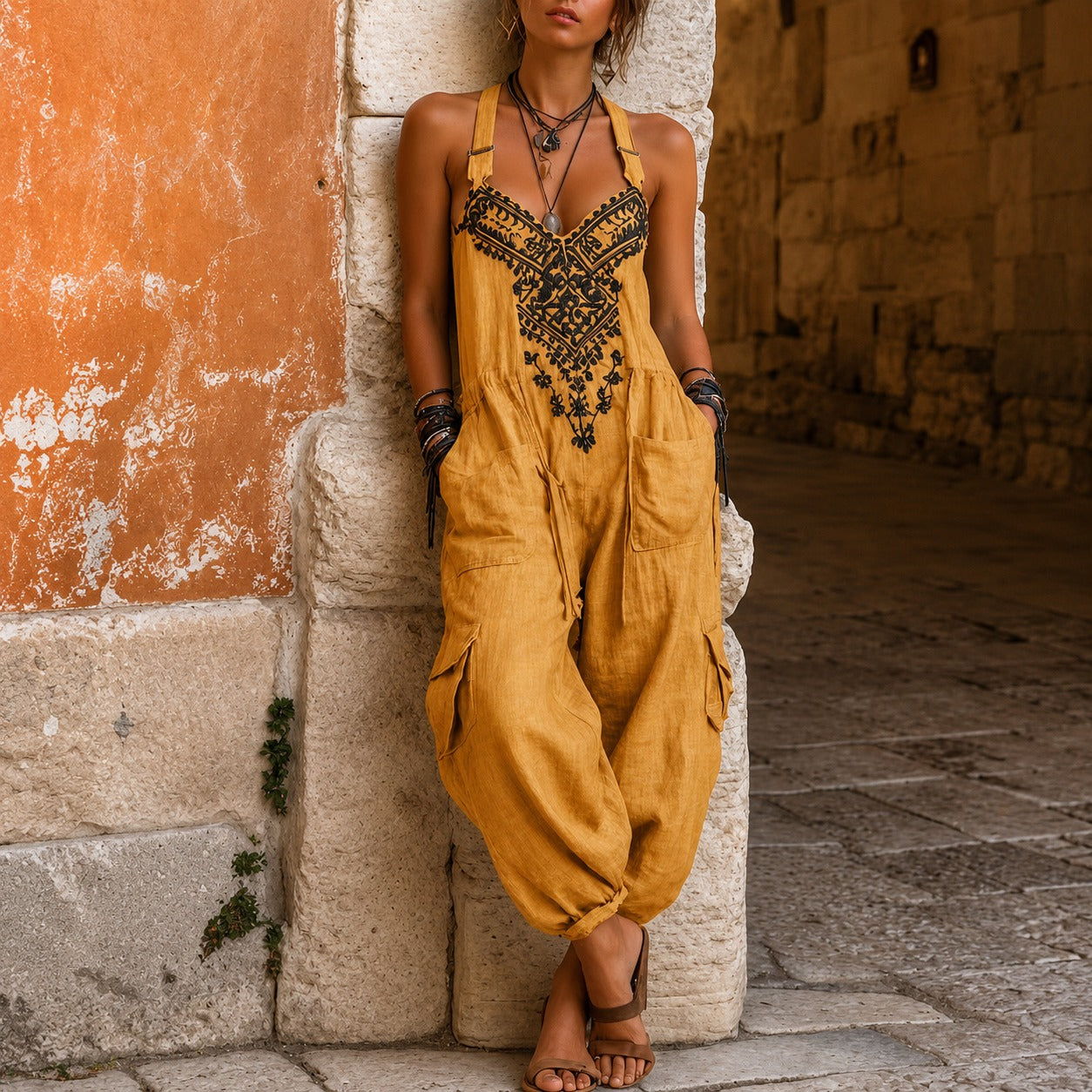 Jumpsuit Emilia™ with Ornate Embroidery, V-Neck and Utility Pockets