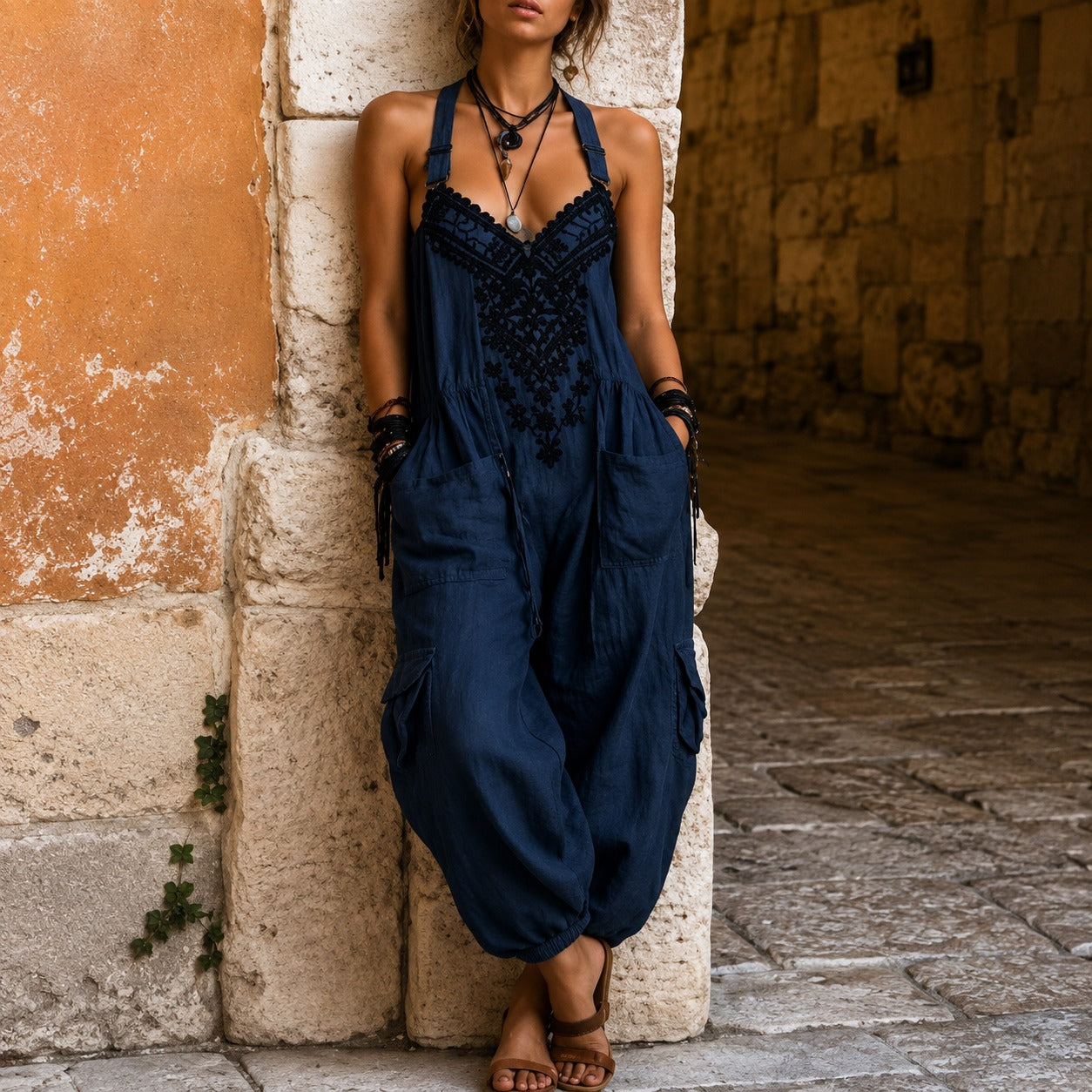 Jumpsuit Emilia™ with Ornate Embroidery, V-Neck and Utility Pockets