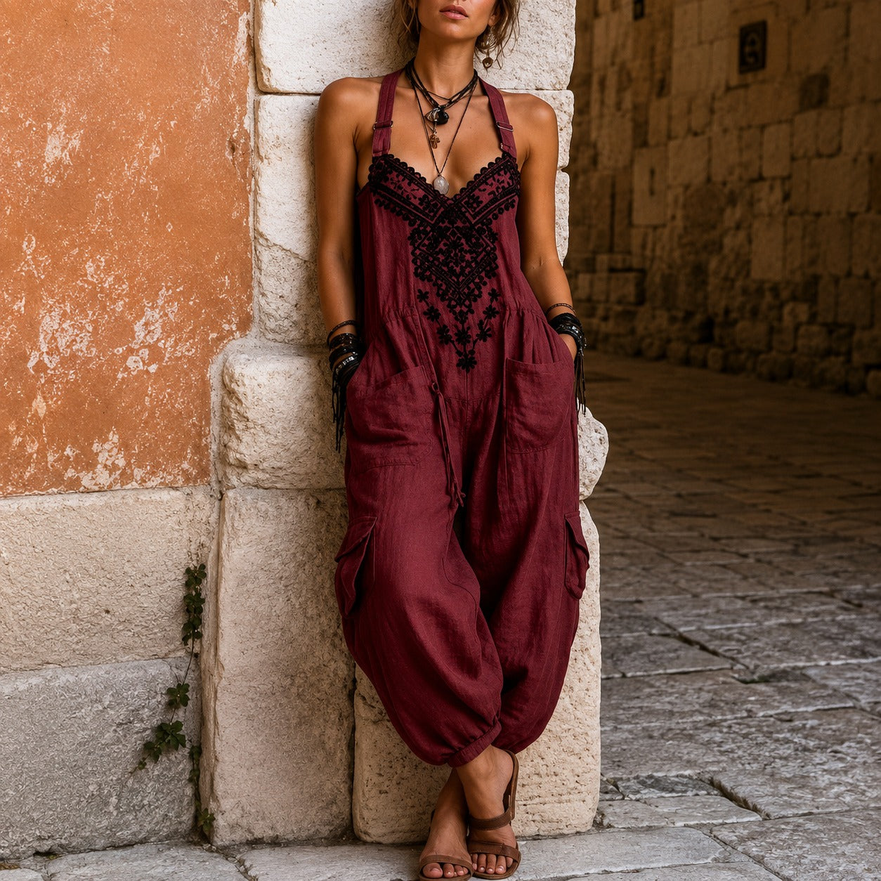 Jumpsuit Emilia™ with Ornate Embroidery, V-Neck and Utility Pockets