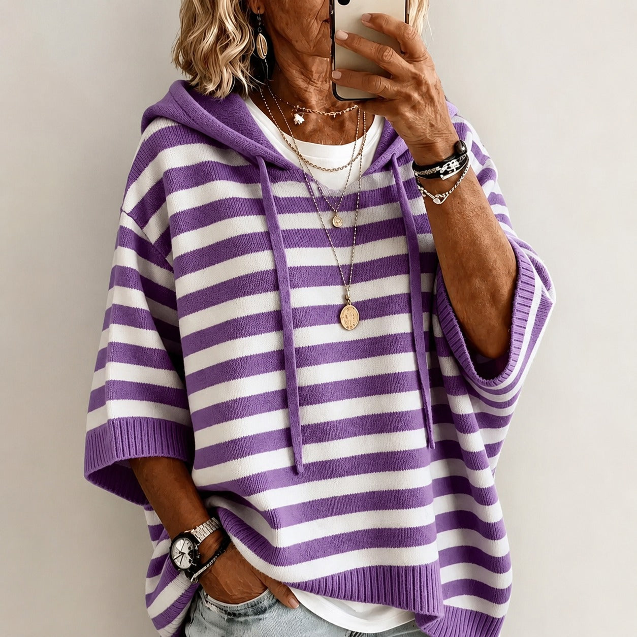 Lightweight Sweater Ada™ with Hood, Contrast Stripes and Ribbed Trim