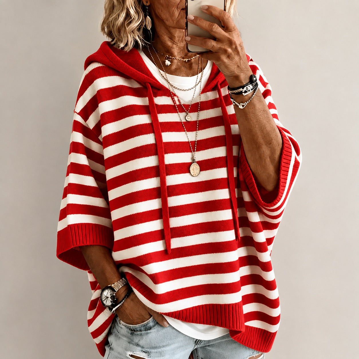 Lightweight Sweater Ada™ with Hood, Contrast Stripes and Ribbed Trim