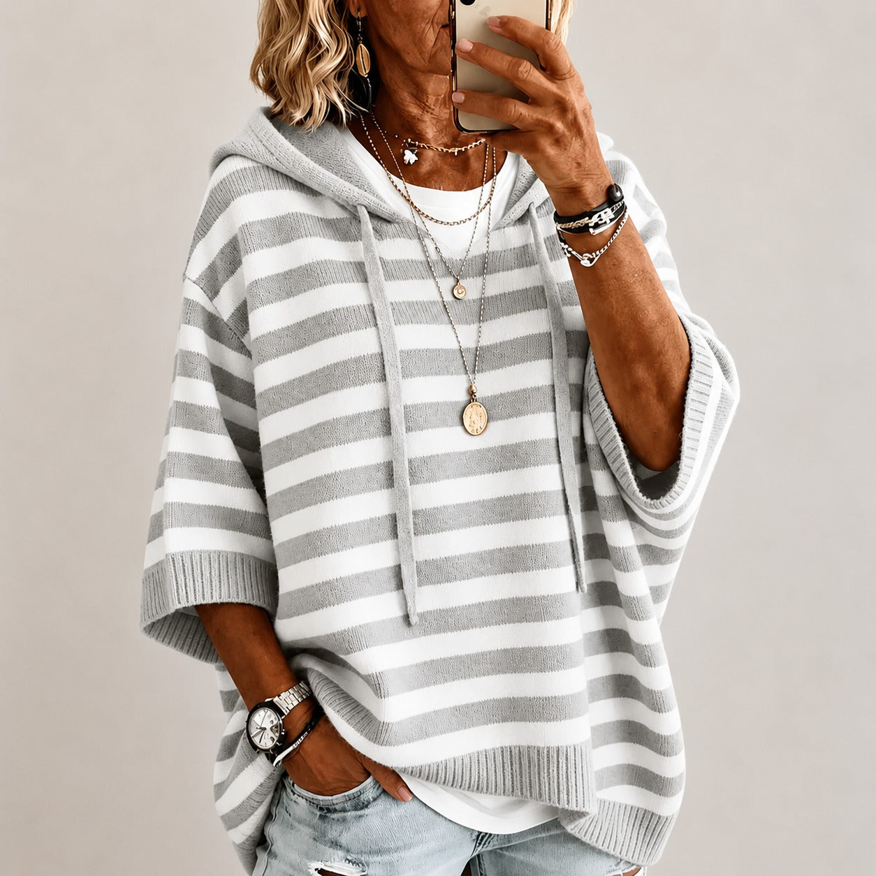 Lightweight Sweater Ada™ with Hood, Contrast Stripes and Ribbed Trim
