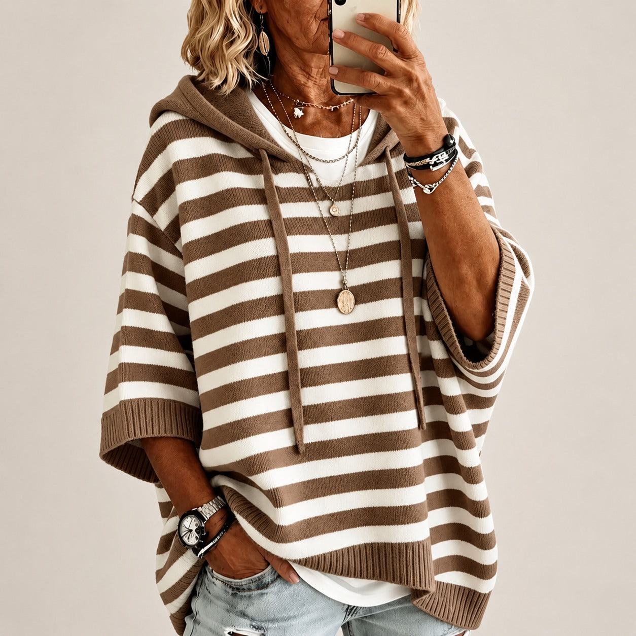 Lightweight Sweater Ada™ with Hood, Contrast Stripes and Ribbed Trim