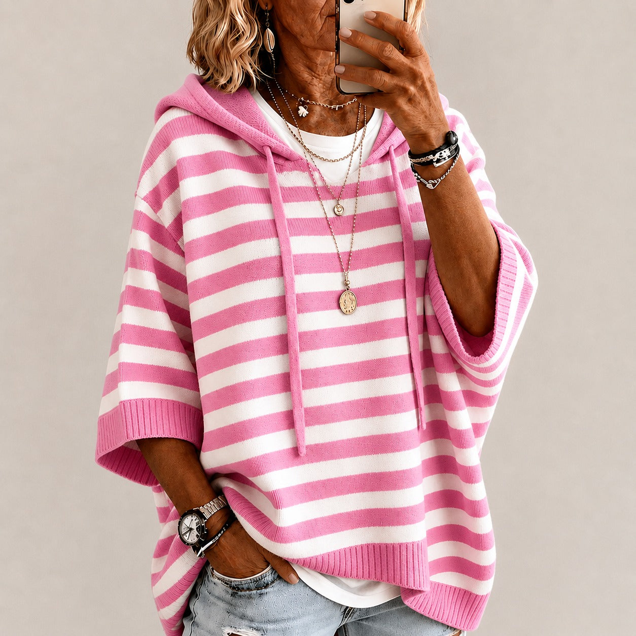Lightweight Sweater Ada™ with Hood, Contrast Stripes and Ribbed Trim