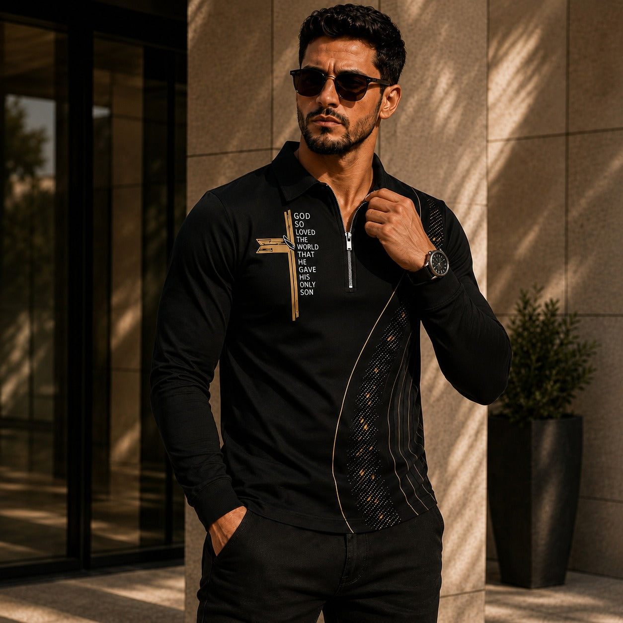 Shirt Blaine™ with Gold Accents, Textured Panel and Half-Zip Collar