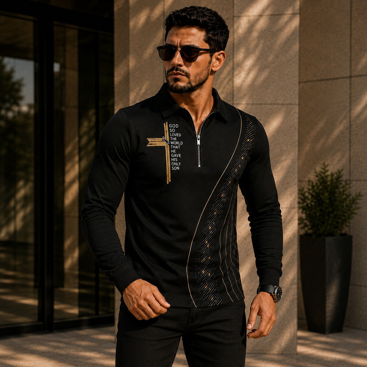 Shirt Blaine™ with Gold Accents, Textured Panel and Half-Zip Collar